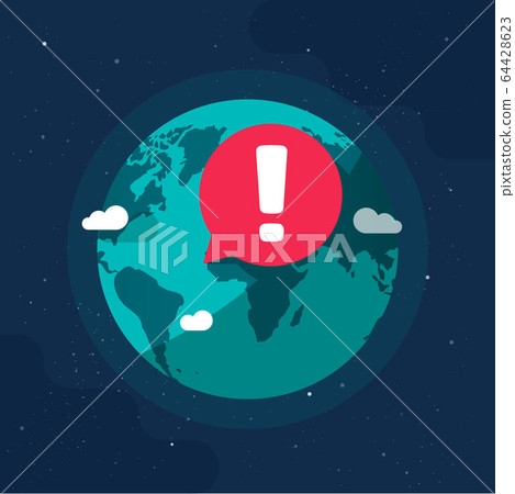 Earth planet in global danger epidemic environmental caution notices or war conflict warning sing on world globe flat cartoon illustration, concept of hazard worldwide alert modern design image 64428623