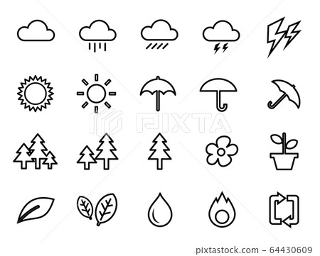 Weather forecast mark and icon set of trees, water drops, fire, etc. Weather forecast mark and icon set of trees, water drops, fire, etc. 64430609