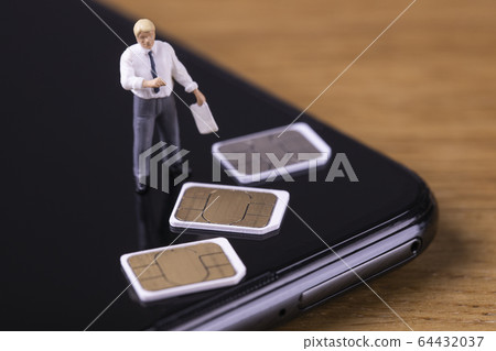 Man talking about smartphone SIM card 64432037