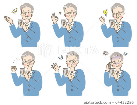 Smartphone suit senior male facial expression set 64432286