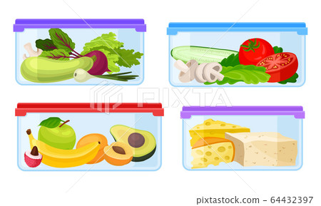 Fresh Food Stored in Glass Transparent Containers with Closed Plastic Lid Vector Set 64432397