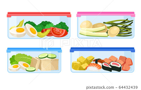 Fresh Food Stored in Plastic Transparent Containers with Closed Lid Vector Set 64432439