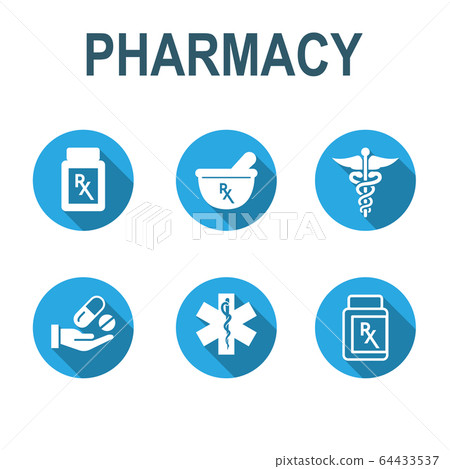 Pharmacy and Prescription Icon Set with mortar and 64433537