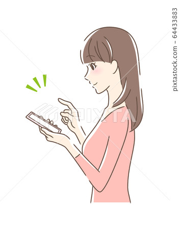 Side profile of a smiling woman operating a smartphone 64433883