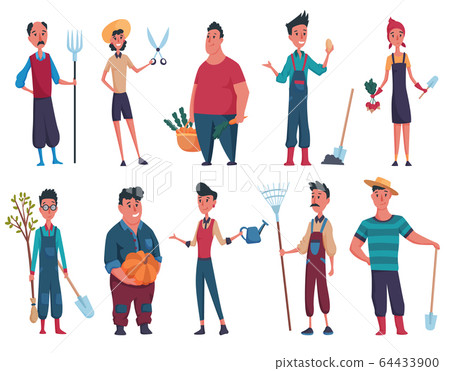 Set of happy mans and womans gardener or farmer with shovel, tree, pitchfork, pumpkin, funnel in hand on a white background. Design elements of a private farm Set of happy mans and womans gardener or farmer with shovel, tree, pitchfork, pumpkin, funnel in hand on a white background. Design elements of a private farm 64433900