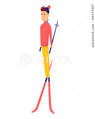 Vector men skier. Male skiing design element isolated on white background. Winter sportsman on ski resort. Winter sport activity. Skier stands on crossed skis Vector men skier. Male skiing design element isolated on white background. Winter sportsman on ski resort. Winter sport activity. Skier stands on crossed skis 64433907