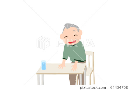 一位老人微笑著，試圖坐在椅子上的插圖 64434708