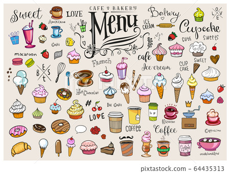 Drawings of various objects for cafes or bakery Drawings of various objects for cafes or bakery 64435313