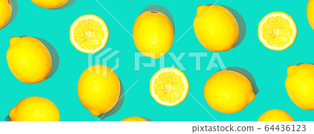 Pattern with lemon fruits. Tropical abstract geometric balance citrus on green mint color background Pattern with lemon fruits. Tropical abstract geometric balance citrus on green mint color background 64436123