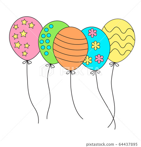 five cute party celebration balloons in multi colors outlined decorated with stars, flowers, dots and stripes. vector EPS10 illustration, kids cartoon style five cute party celebration balloons in multi colors outlined decorated with stars, flowers, dots and stripes. vector EPS10 illustration, kids cartoon style 64437895