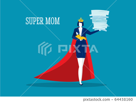 Hero woman mother doing office work and homework alone. super\
mom vector
