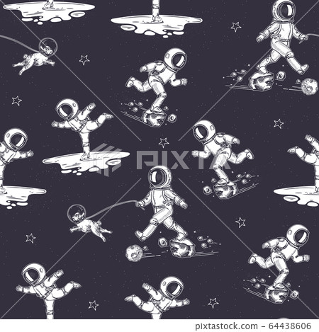 Astronauts run, ice skate, walk with a dog. Seamless pattern. 64438606