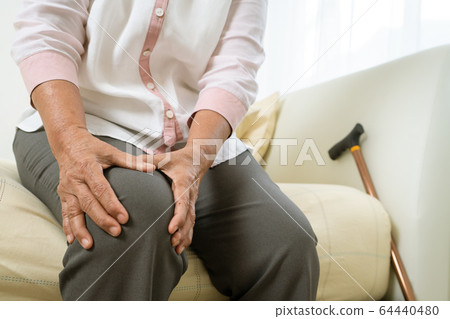Knee pain of old woman at home, healthcare problem of senior concept 64440480