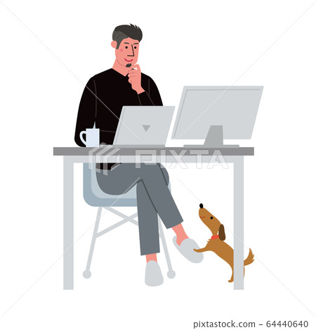 Male doing remote work Telework illustration double monitor 64440640