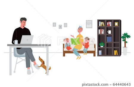 Remote-working man and family Telework illustration Remote-working man and family Telework illustration 64440643