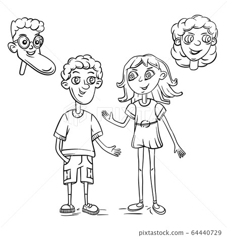 Cute boy and girl drawn characters outline vector Cute boy and girl drawn characters outline vector 64440729