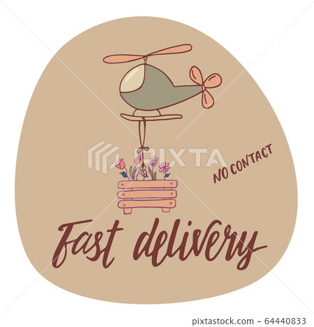 Fast delivery, no contact - hand drawing doodle illustration and sign for packaging design uses, print industry, logo, shop, delivery company, market. Vector stock isolated on white background. EPS10 64440833