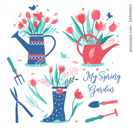 Cute rain boots and watering can with flowers and gardening tools set. Rubber boots with bouquets. Cartoon flat style vector illustration. Garden plants-tulips. Spring and summer collection. 64440903