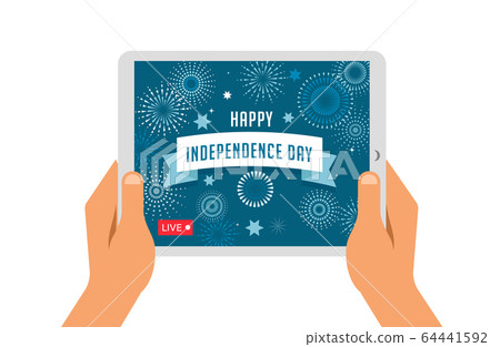 Independence day celebration online, live video. People are taking video on tablets and smartphones 64441592
