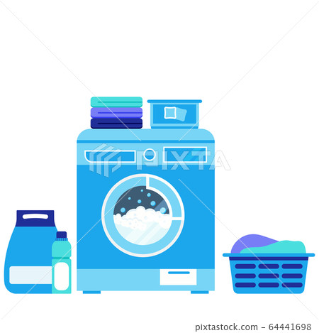 Washing machine during washing, powder, liquid, capsule powder, basket of dirty linen, stack of clean linen, conditioner, bleach isolated on white background. 64441698