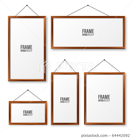 Realistic hanging on a wall blank wooden picture frames set. Modern poster mockup. Empty photo frame Realistic hanging on a wall blank wooden picture frames set. Modern poster mockup. Empty photo frame 64442092