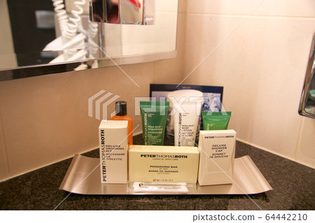VIENNA, AUSTRIA - APR 28th, 2017: Hotel Amenities shower bath and soap, actual photography in hotel environment at a Penthouse Suite by Hilton VIENNA, AUSTRIA - APR 28th, 2017: Hotel Amenities shower bath and soap, actual photography in hotel environment at a Penthouse Suite by Hilton 64442210