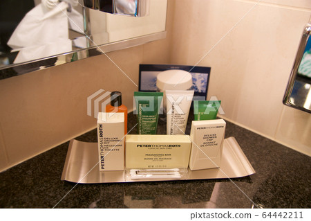 VIENNA, AUSTRIA - APR 28th, 2017: Hotel Amenities shower bath and soap, actual photography in hotel environment at a Penthouse Suite by Hilton VIENNA, AUSTRIA - APR 28th, 2017: Hotel Amenities shower bath and soap, actual photography in hotel environment at a Penthouse Suite by Hilton 64442211