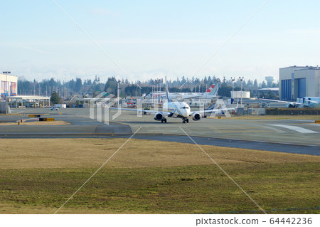 EVERETT, WASHINGTON, USA - JAN 26th, 2017: A brand new Ryanair Boeing 737-800 Next Gen MSN 44766, Registration EI-FTP returns from a successful test flight, landing at Snohomish County Airport or 64442236