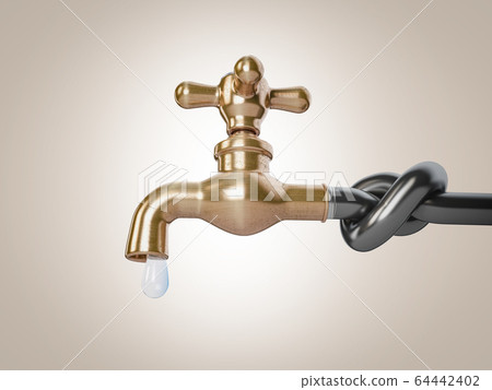 3d Rendering of Classic brass faucet sticking out from a blocked pipe, clipping path included 64442402