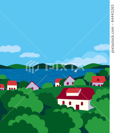 Summer village river landscape flat color vector 64443265