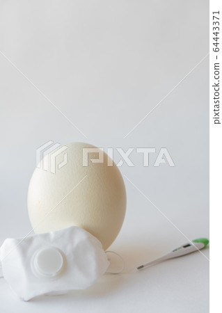 Large white easter ostrich egg in a respirator and a thermometer. Egg, respirator and thermometer. Easter and Coronavirus, Covid-19. Ostrich egg, medical mask and thermometer on a white background. Large white easter ostrich egg in a respirator and a thermometer. Egg, respirator and thermometer. Easter and Coronavirus, Covid-19. Ostrich egg, medical mask and thermometer on a white background. 64443371