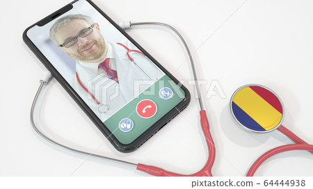 Doctor calling on smartphone app and stethoscope with the Romanian flag. Telehealth technology in Romania. 3D rendering Doctor calling on smartphone app and stethoscope with the Romanian flag. Telehealth technology in Romania. 3D rendering 64444938