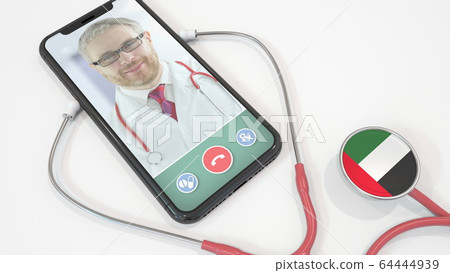Doctor's video call on the phone and stethoscope bell with the UAE flag. Telemedicine in the United Arab Emirates. 3D rendering Doctor's video call on the phone and stethoscope bell with the UAE flag. Telemedicine in the United Arab Emirates. 3D rendering 64444939