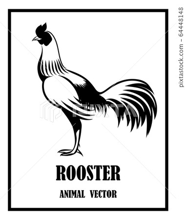 Vector Line Art Illustration logo of a rooster. It is standing. It is black and white. 64448148