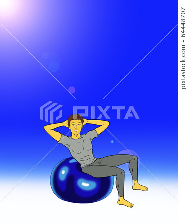 Fitness instructor man playing a balance ball outdoors (blue sky) Fitness instructor man playing a balance ball outdoors (blue sky) 64448707