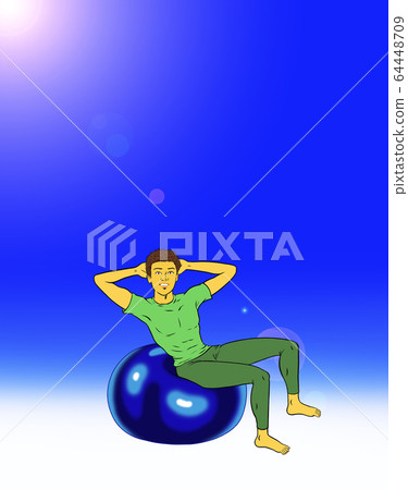 Fitness instructor man playing a balance ball outdoors (blue sky) Fitness instructor man playing a balance ball outdoors (blue sky) 64448709