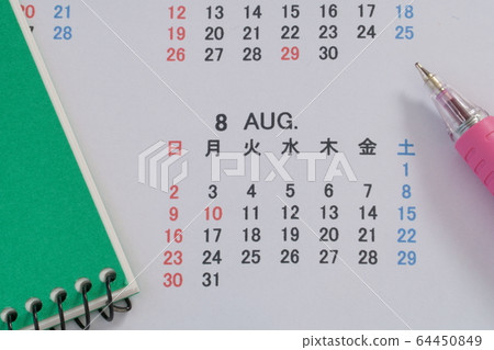日曆，筆記本（綠色），鋼筆，八月 64450849