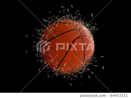 Basketball ball explodes and debris scatters Basketball ball explodes and debris scatters 64453151