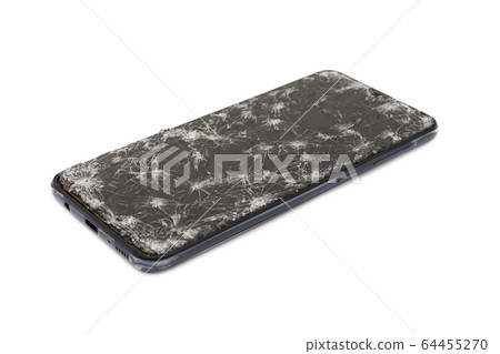 Closeup of Modern mobile smart phone with broken, cracked screen isolated on white background. Select focus and clipping path for use 64455270