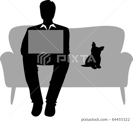 家用沙發上的遠程辦公（雄性和狗性） 64455322