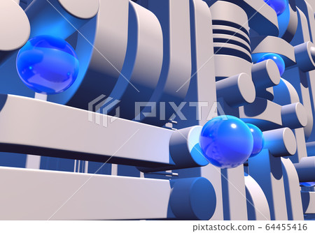 White industrial or technology abstraction with shiny blue balls and connection pipes. 3D illustration White industrial or technology abstraction with shiny blue balls and connection pipes. 3D illustration 64455416