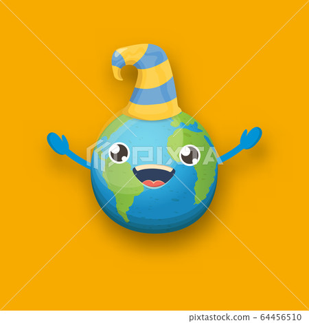 Cartoon cute smiling earth planet character with funky hat isolated on orange background. Eath day concept design party poster template with funny earth globe 64456510