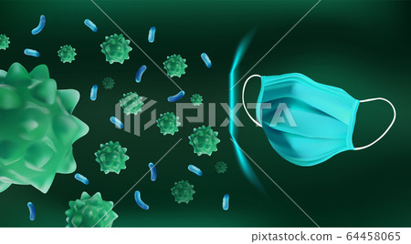 Virus disease. Abstract background virus and Medical mask. World pandemic. Bacteria, microbes fungi. Danger to a living organism. Medical mask virus protection. Vector illustration 64458065