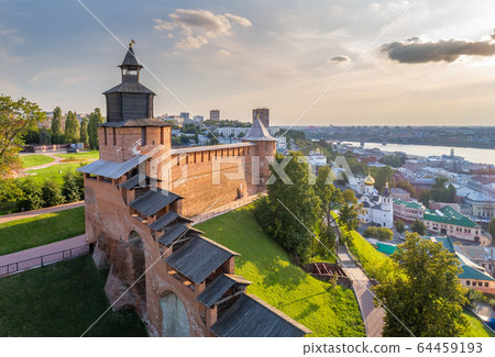 Nizhny Novgorod Kremlin on the mountain. An ancient Russian fortress at the confluence of the great Oka and Volga rivers 64459193