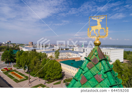 Nizhny Novgorod Kremlin on the mountain. An ancient Russian fortress at the confluence of the great Oka and Volga rivers Nizhny Novgorod Kremlin on the mountain. An ancient Russian fortress at the confluence of the great Oka and Volga rivers 64459208