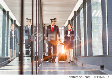 Portrait of mature pilot walking with young 64460293