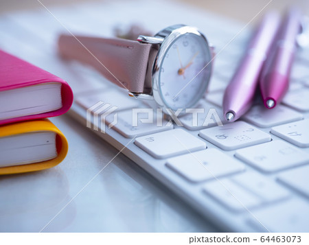 企業形象，筆記本，鍵盤，時鐘，女人 64463073