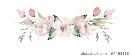 Watercolor boho floral wreath. Bohemian natural frame: leaves, feathers, flowers, Isolated on white background. Artistic decoration illustration. Save the date, wedding design,valentine's day 64463118