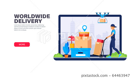 Delivery service landing page template. Courier and drone delivery different type packages. Delivery service landing page template. Courier and drone delivery different type packages. 64463947