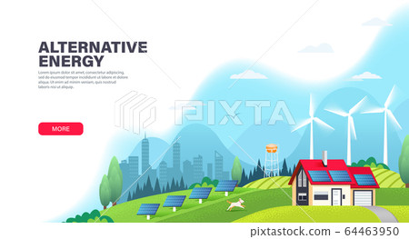 Alternative energy landing page template with solar panels and wind turbines. 64463950